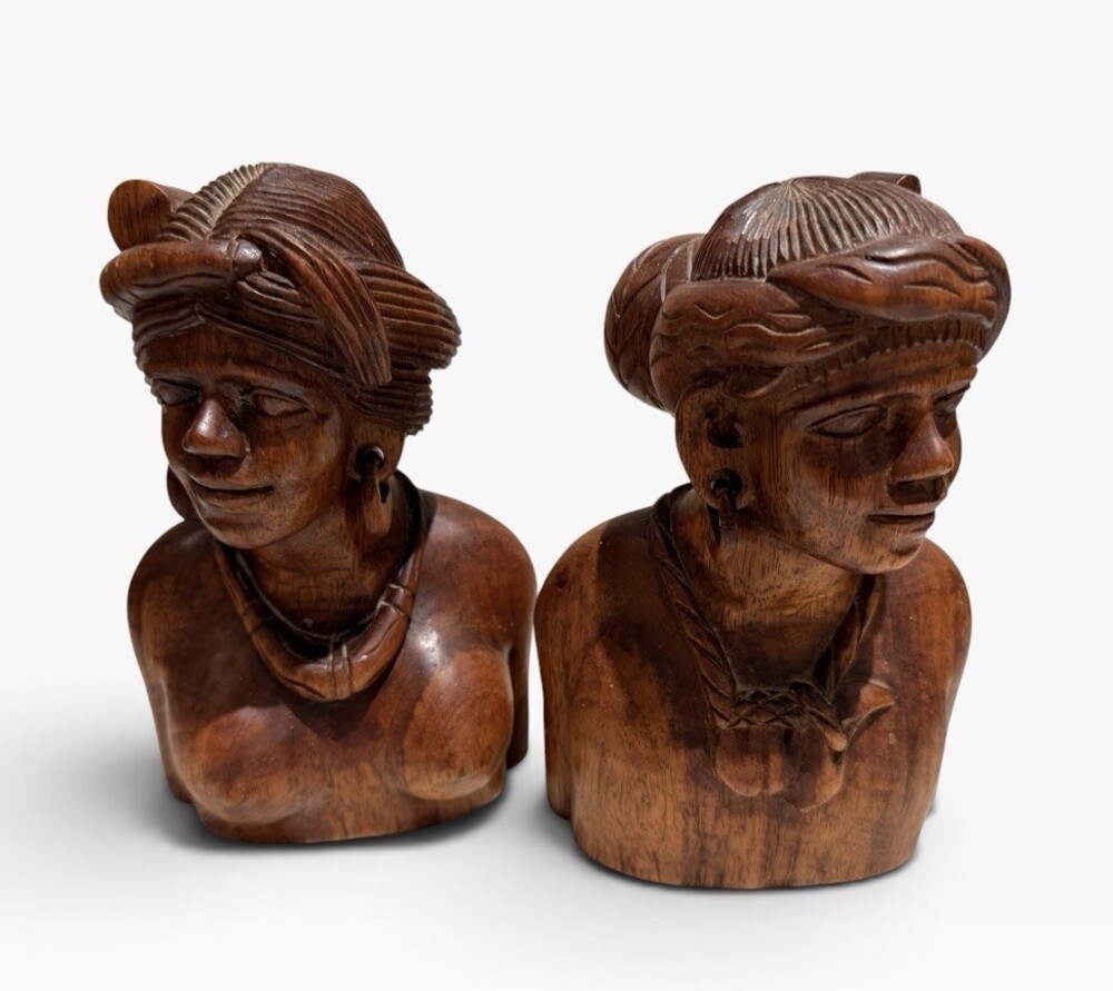 Vintage Hand Carved Wooden Busts Pair- Couple Igorot Tribe of the Philippines